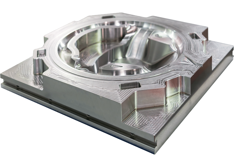 A precision-machined metal mold featuring detailed grooves and a polished surface, designed for industrial manufacturing processes.